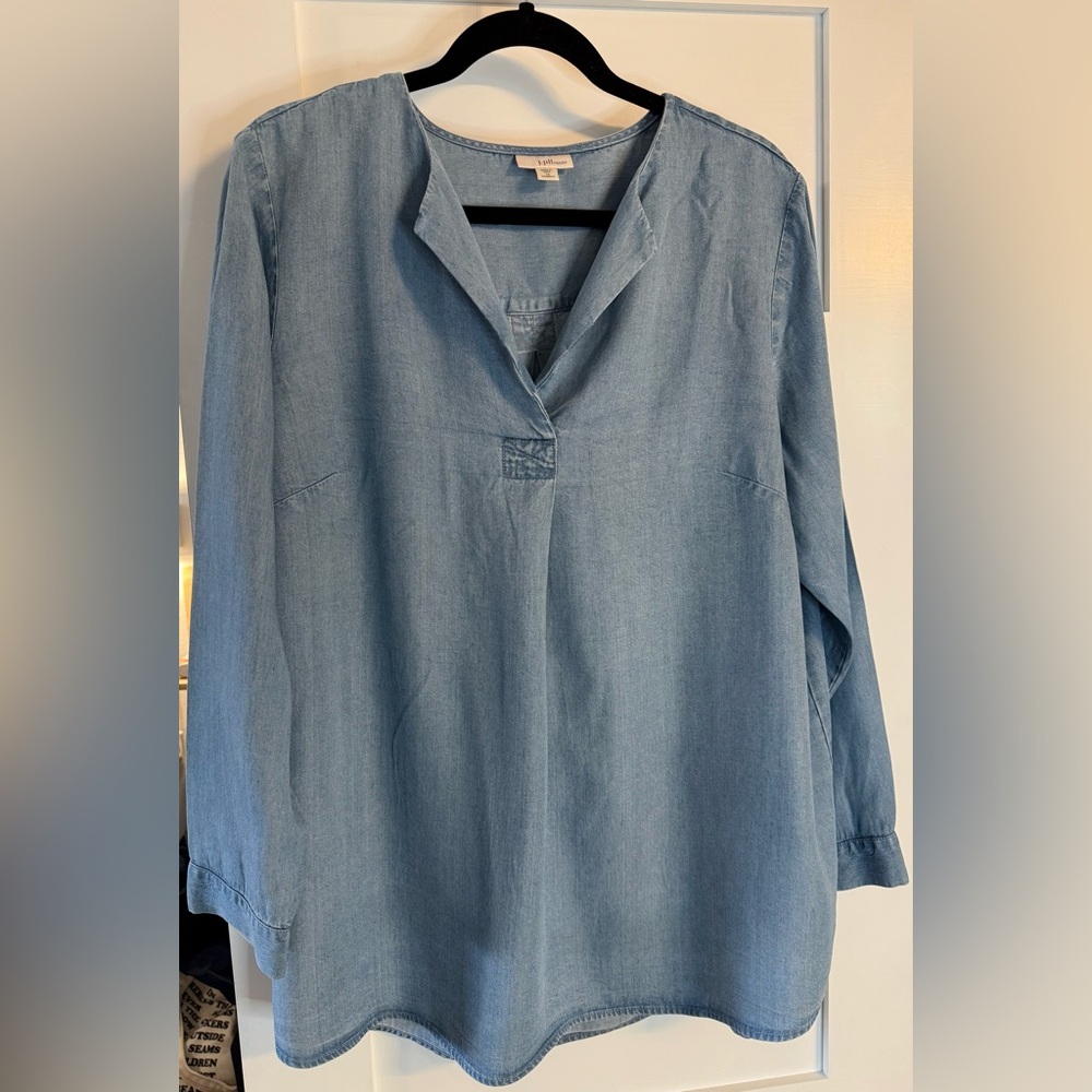 J. Jill Chambray Lyocell Split Neck Popover Long Sleeve Blouse Top 1x